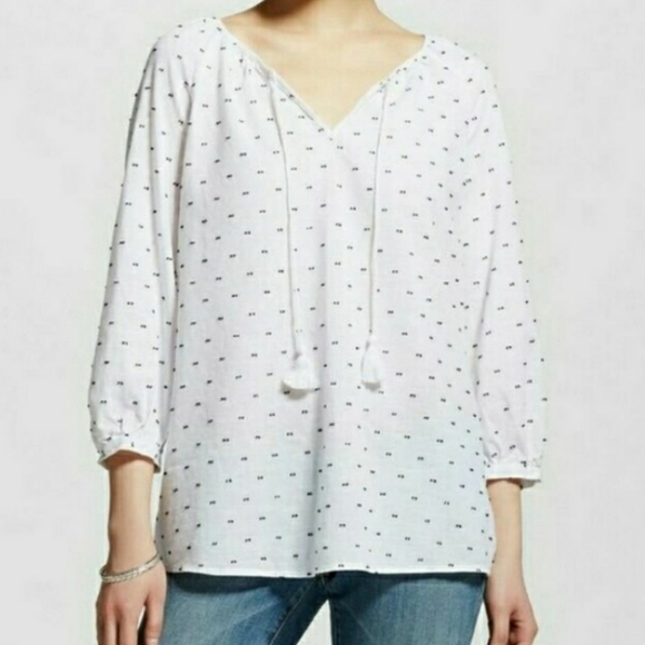 Merona Swiss Dot Polka Dot Cotton Flowy Peasent Top White Navy Sz Medium - Picture 1 of 3